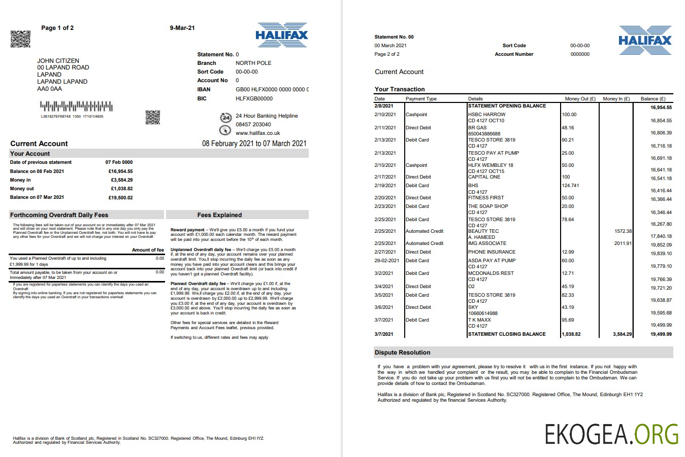 Royaume Uni Modèle de relevé de justificatif de domicile de la banque d'Halifax au format Excel et PDF (2 pages)